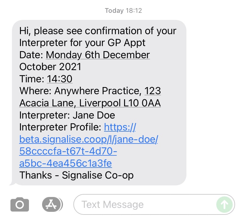 Signalise SMS confirmation example with a link to an interpreter's profile