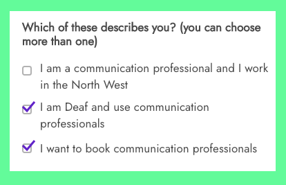 image showing checkboxes for deaf user of and booker of communication professionals